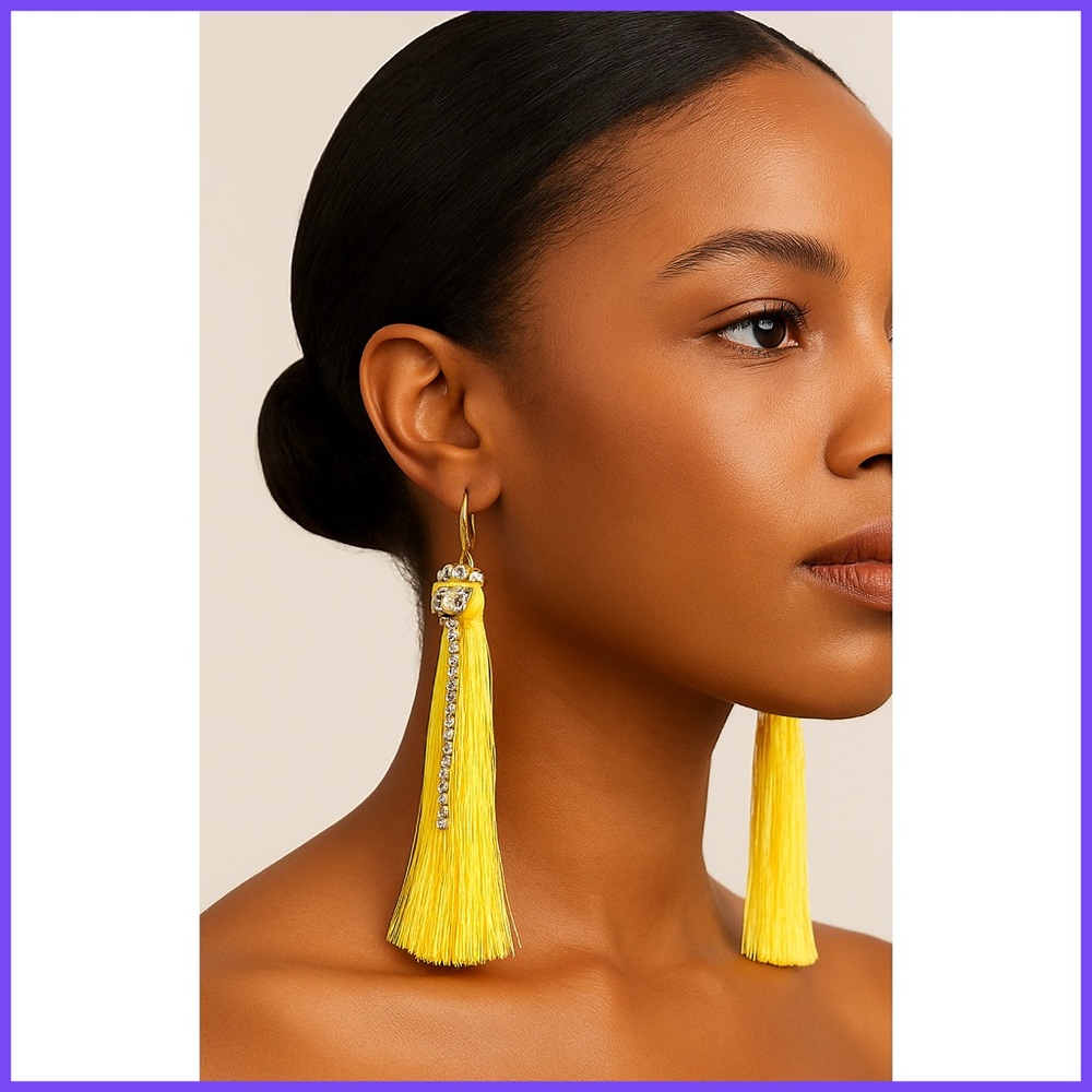 Catherine Malandrino Yellow & Gold Tassel Earrings + Rhinestones